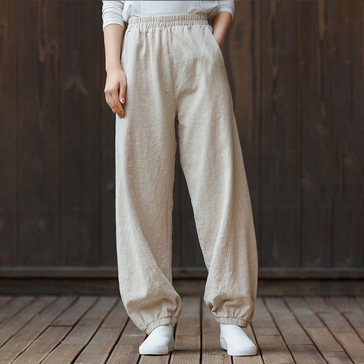 Buddha Stones Casual Solid Plain Color Carrot Elastic Waistband Cotton Ramie Women's Pants With Pockets - image 22
