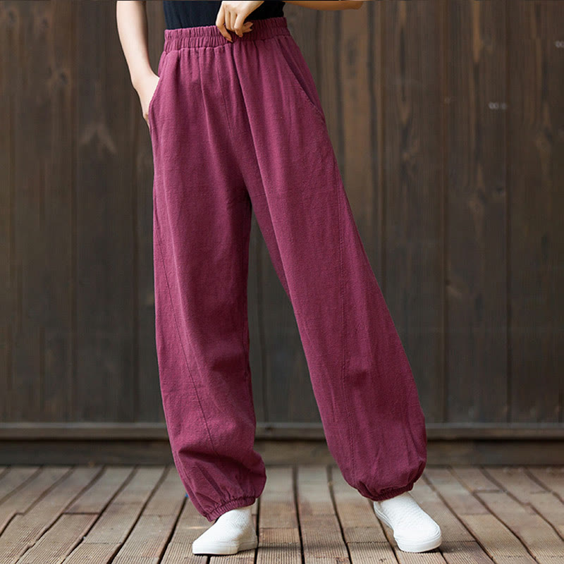 Buddha Stones Casual Solid Plain Color Carrot Elastic Waistband Cotton Ramie Women's Pants With Pockets