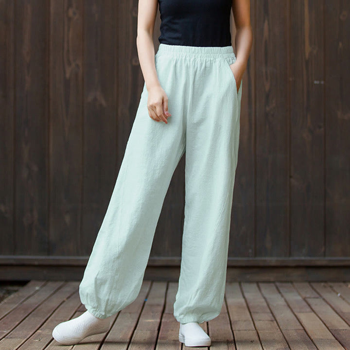 Buddha Stones Casual Solid Plain Color Carrot Elastic Waistband Cotton Ramie Women's Pants With Pockets - image 35