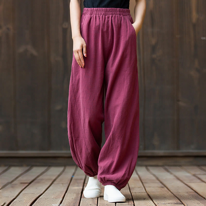 Buddha Stones Casual Solid Plain Color Carrot Elastic Waistband Cotton Ramie Women's Pants With Pockets - DeepPink - US4，UK/AU8，EU36 (L) - image 0