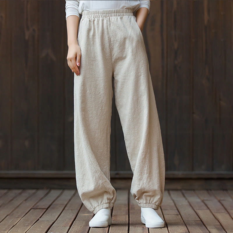 Buddha Stones Casual Solid Plain Color Carrot Elastic Waistband Cotton Ramie Women's Pants With Pockets