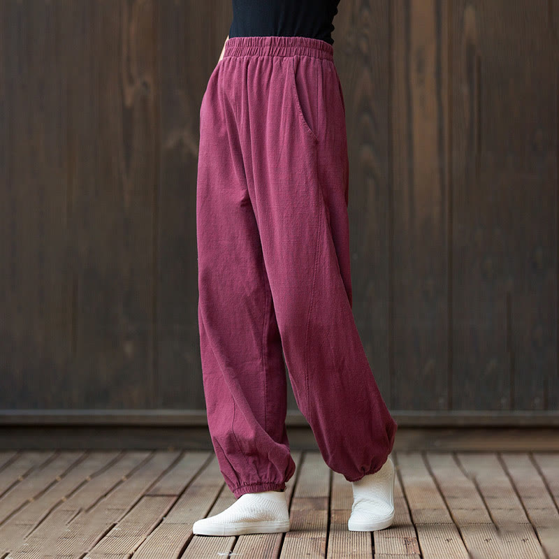 Buddha Stones Casual Solid Plain Color Carrot Elastic Waistband Cotton Ramie Women's Pants With Pockets