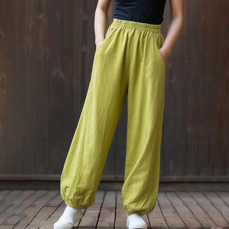 Buddha Stones Casual Solid Plain Color Carrot Elastic Waistband Cotton Ramie Women's Pants With Pockets