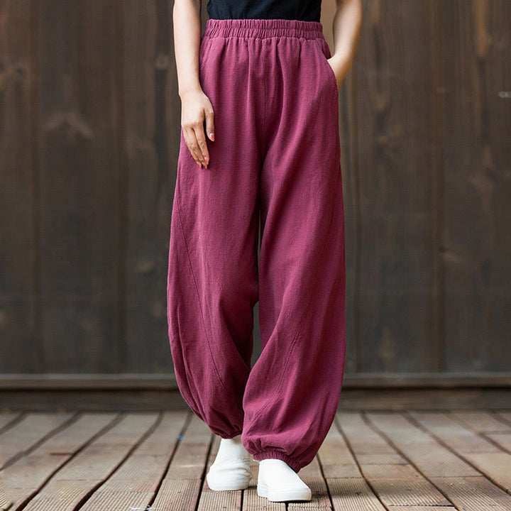 Buddha Stones Casual Solid Plain Color Carrot Elastic Waistband Cotton Ramie Women's Pants With Pockets