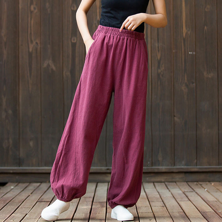 Buddha Stones Casual Solid Plain Color Carrot Elastic Waistband Cotton Ramie Women's Pants With Pockets