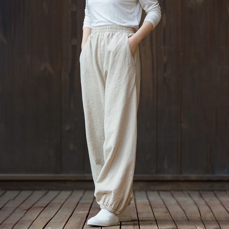 Buddha Stones Casual Solid Plain Color Carrot Elastic Waistband Cotton Ramie Women's Pants With Pockets - image 21