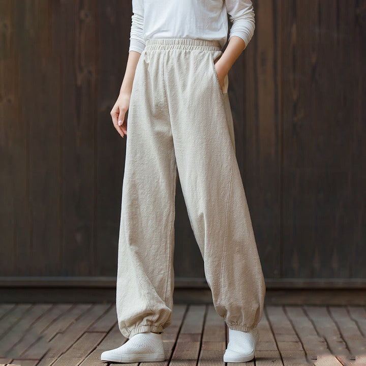 Buddha Stones Casual Solid Plain Color Carrot Elastic Waistband Cotton Ramie Women's Pants With Pockets - image 19