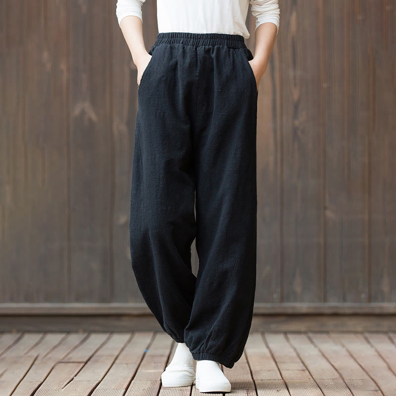 Buddha Stones Casual Solid Plain Color Carrot Elastic Waistband Cotton Ramie Women's Pants With Pockets - image 13