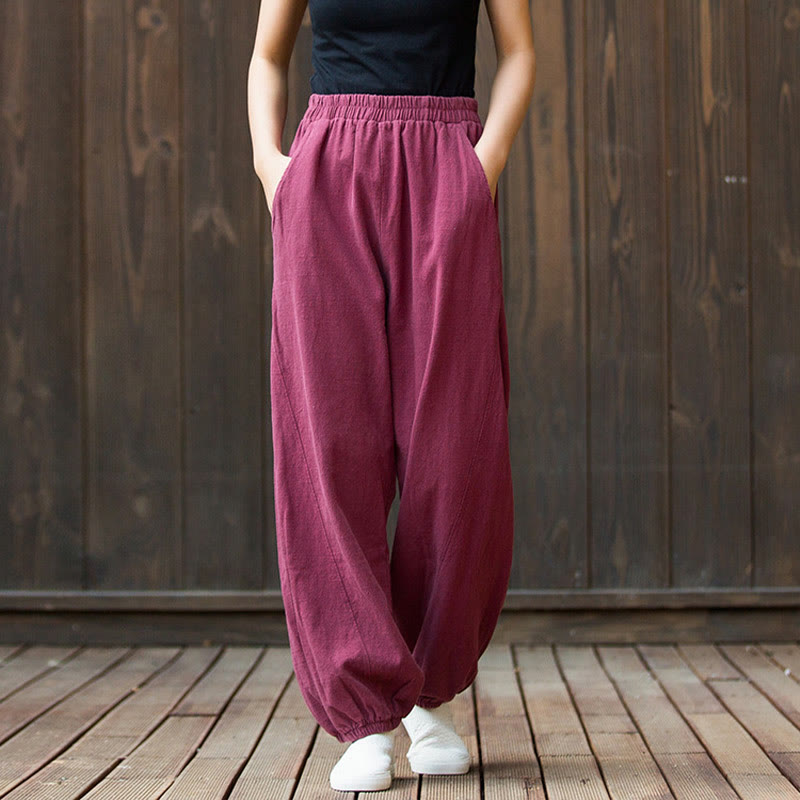 Buddha Stones Casual Solid Plain Color Carrot Elastic Waistband Cotton Ramie Women's Pants With Pockets