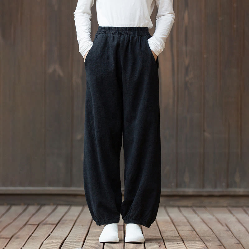Buddha Stones Casual Solid Plain Color Carrot Elastic Waistband Cotton Ramie Women's Pants With Pockets - Black - US4，UK/AU8，EU36 (L) - image 12