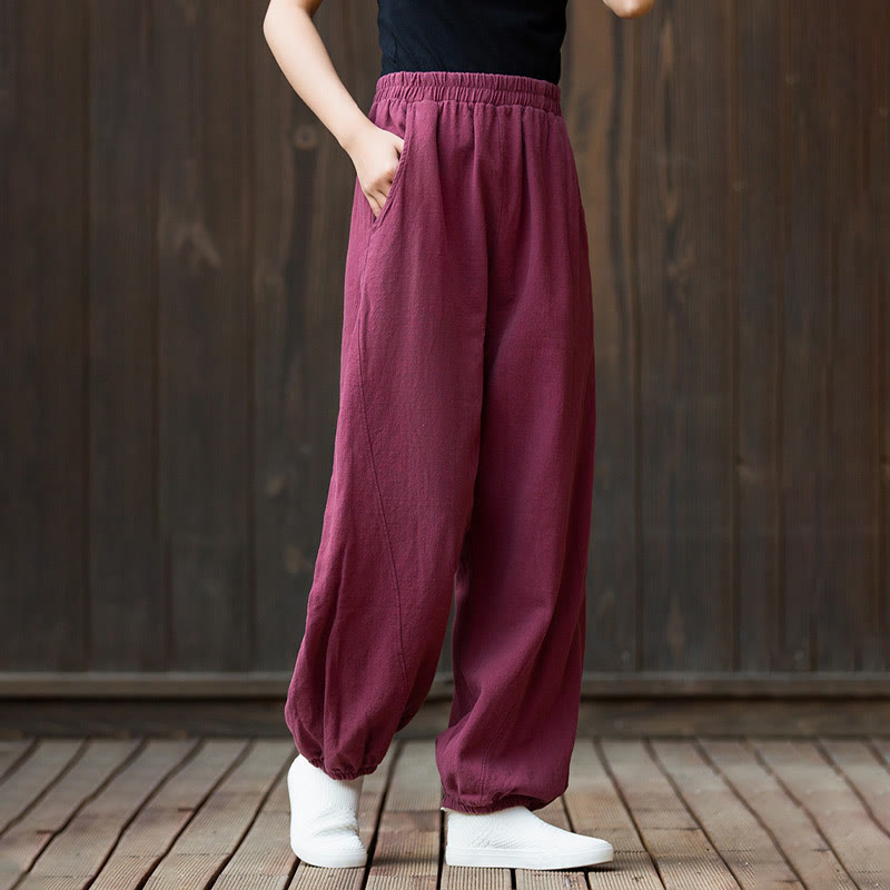 Buddha Stones Casual Solid Plain Color Carrot Elastic Waistband Cotton Ramie Women's Pants With Pockets