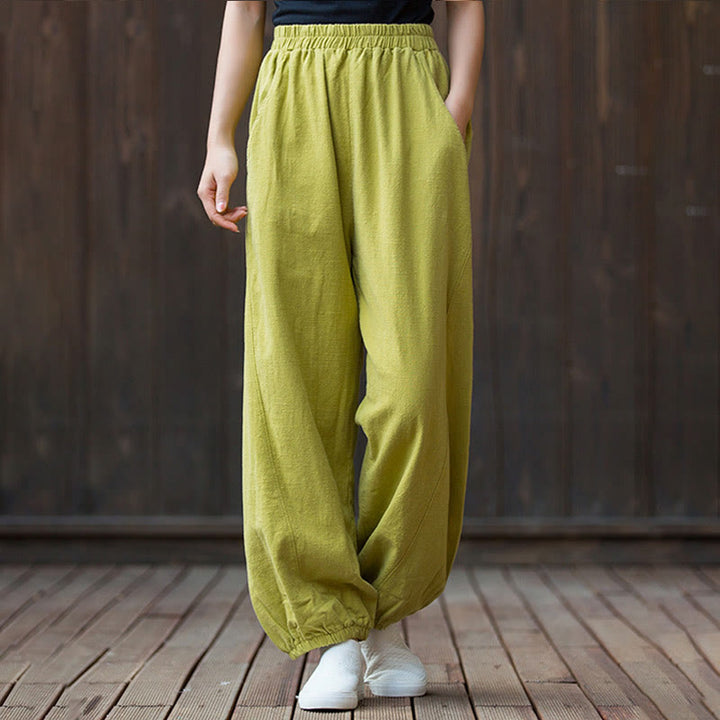 Buddha Stones Casual Solid Plain Color Carrot Elastic Waistband Cotton Ramie Women's Pants With Pockets