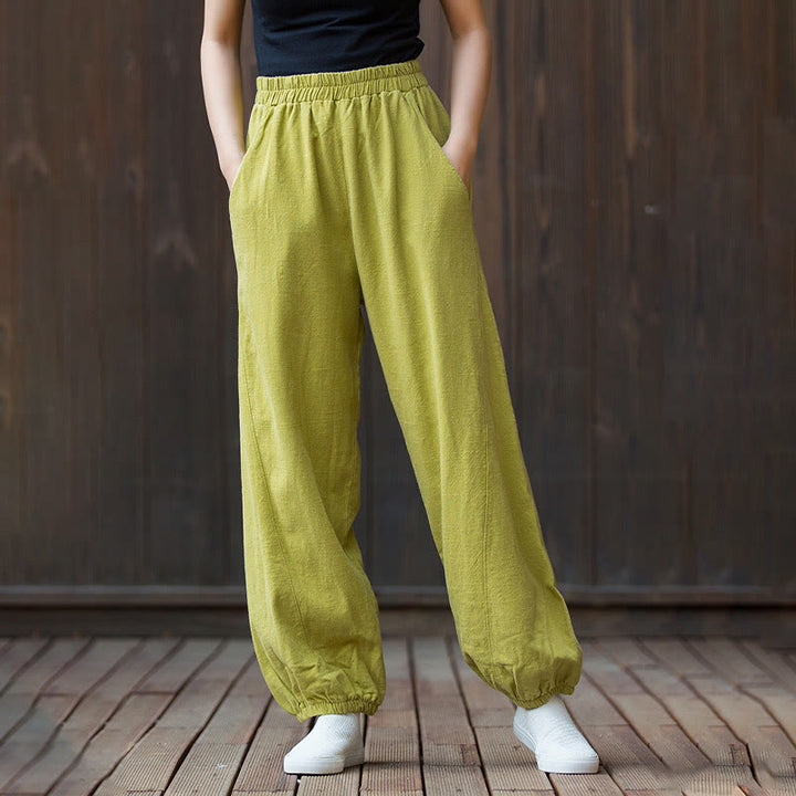 Buddha Stones Casual Solid Plain Color Carrot Elastic Waistband Cotton Ramie Women's Pants With Pockets