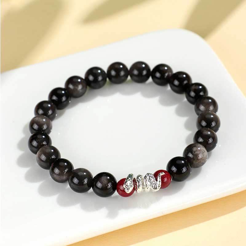 Buddha Stones Silver Sheen Obsidian Cinnabar Copper Year of the Snake Protection Bracelet