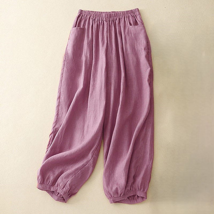Buddha Stones Casual Plain Solid Color Linen Women's Pants With Pockets - PaleVioletRed - US8-10，UK/AU12-14，EU40-42 (2XL) - image 0
