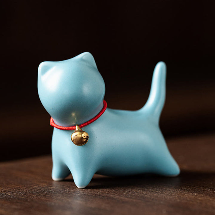 Buddha Stones Mini Cute Standing Lying Cat Tea Pet Ceramic Home Desk Figurine Decoration - Standing Cat 5*2.5*4.5cm - Blue - image 12
