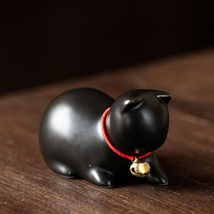 Buddha Stones Mini Cute Standing Lying Cat Tea Pet Ceramic Home Desk Figurine Decoration - Lying Cat 5*3*3cm - Black - image 24