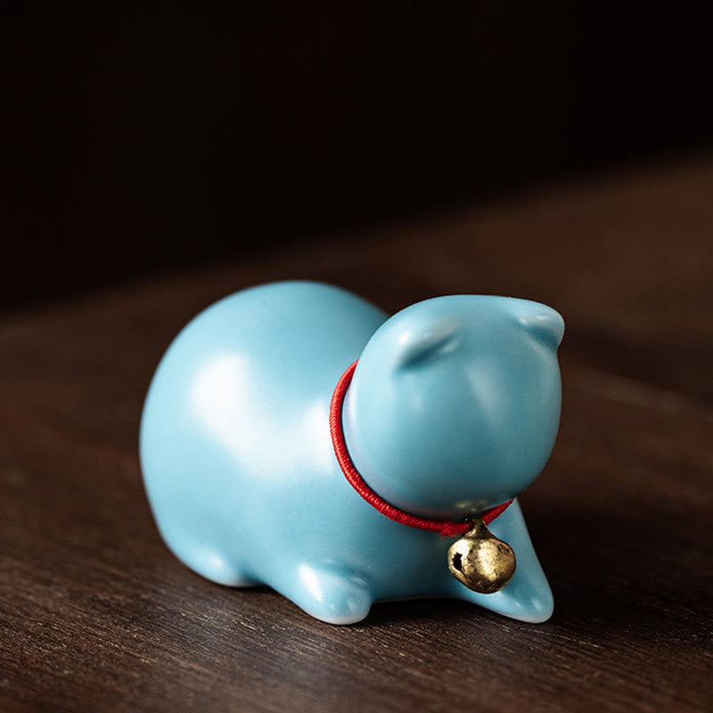 Buddha Stones Mini Cute Standing Lying Cat Tea Pet Ceramic Home Desk Figurine Decoration - Lying Cat 5*3*3cm - Blue - image 22