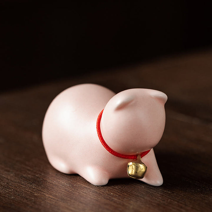 Buddha Stones Mini Cute Standing Lying Cat Tea Pet Ceramic Home Desk Figurine Decoration - Lying Cat 5*3*3cm - Pink - image 20