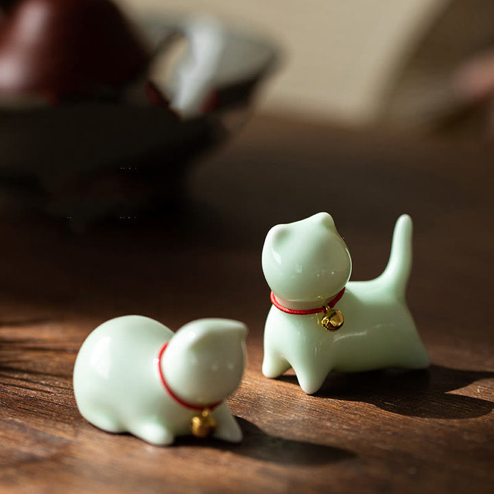 Buddha Stones Mini Cute Standing Lying Cat Tea Pet Ceramic Home Desk Figurine Decoration - image 0