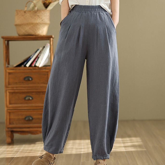 Buddha Stones Casual Solid Color Tapered Elastic Waistband Cotton Linen Women's Pants With Pockets