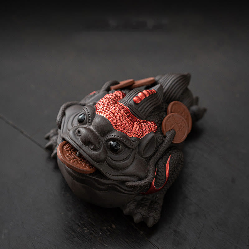 Buddha Stones Feng Shui Frog Toad Copper Coins Ceramic Purple Clay Wealth Home Tea Pet Figurine Decoration - Red Toad 11*8*6.3cm - image 11