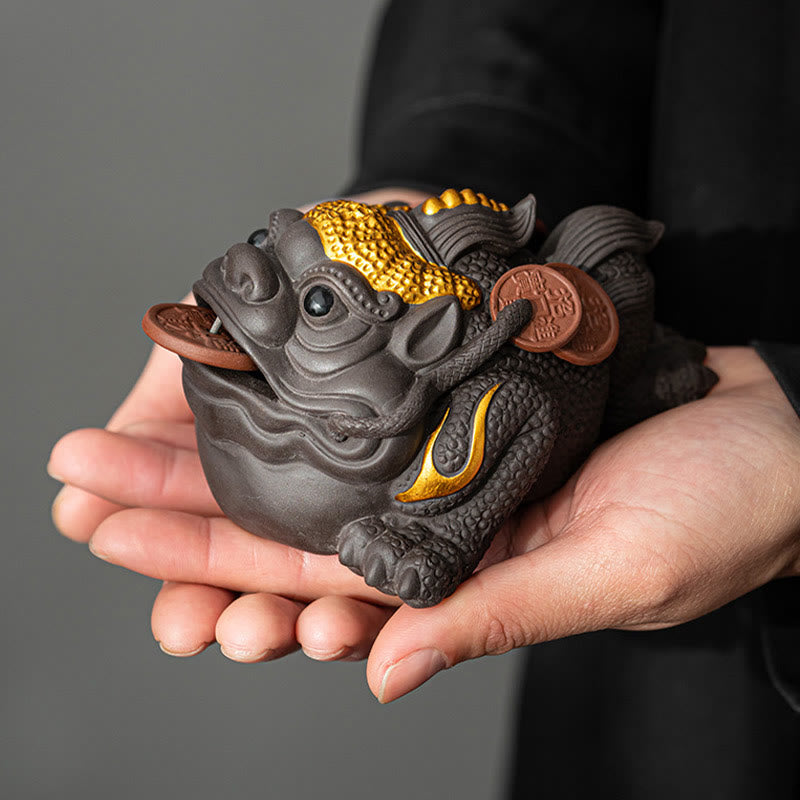 Buddha Stones Feng Shui Frog Toad Copper Coins Ceramic Purple Clay Wealth Home Tea Pet Figurine Decoration