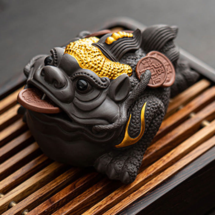 Buddha Stones Feng Shui Frog Toad Copper Coins Ceramic Purple Clay Wealth Home Tea Pet Figurine Decoration