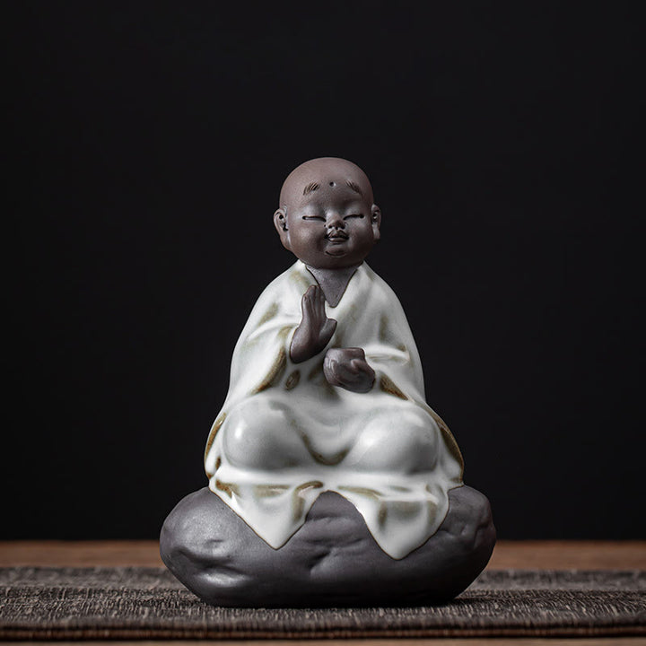 Buddha Stones Little Zen Monk Hat Strainer Ceramic Tea Accessories Figurine Home Decoration