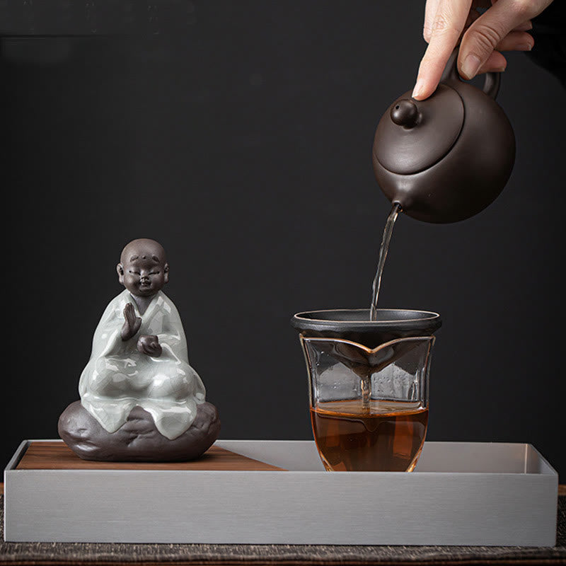 Buddha Stones Little Zen Monk Hat Strainer Ceramic Tea Accessories Figurine Home Decoration