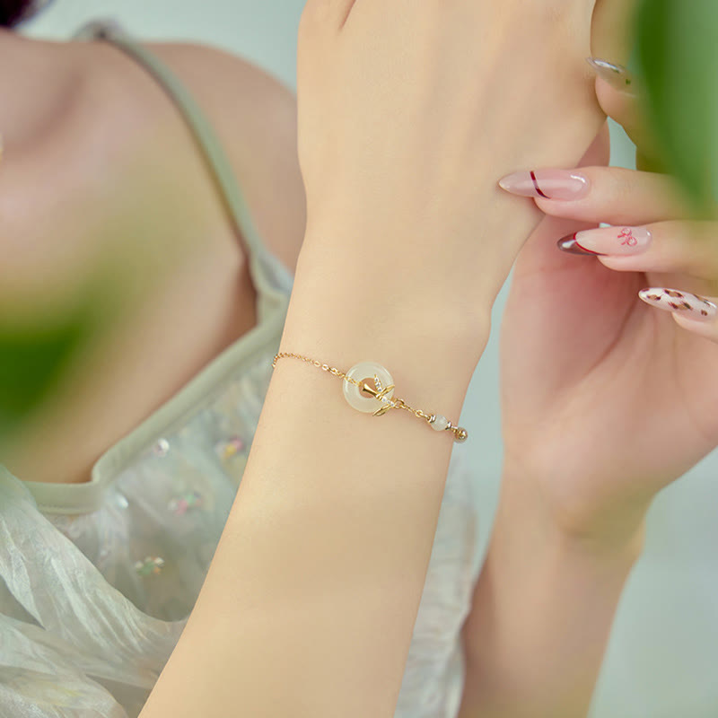 Buddha Stones Hetian Jade 925 Sterling Silver Cubic Zirconia Peace Buckle Luck Bracelet - image 1