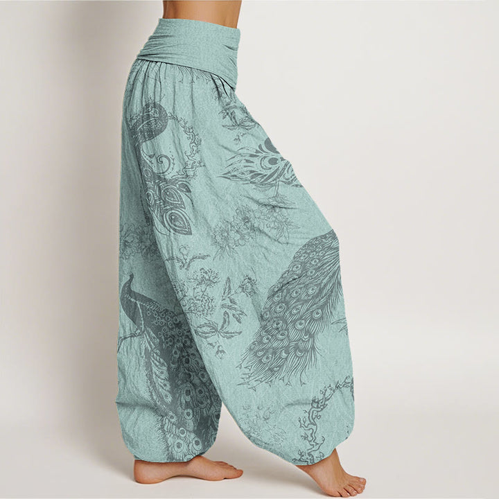 Buddha Stones Casual Peacock Peony Flower Women's Elastic Waist Harem Pants