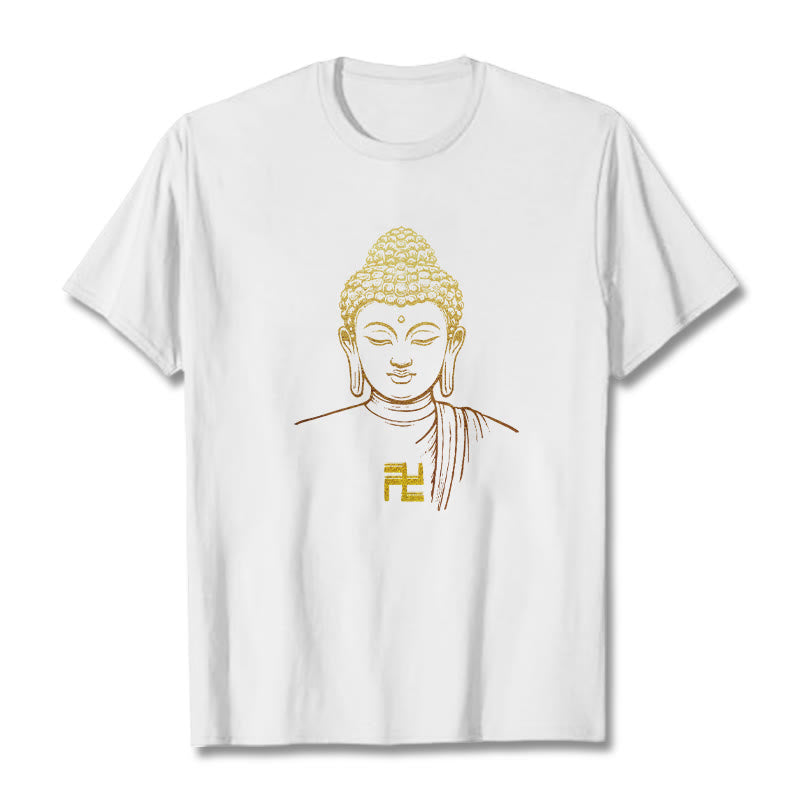 Buddha Stones Swastika Pattern Golden Buddha Cotton Tee T-shirt