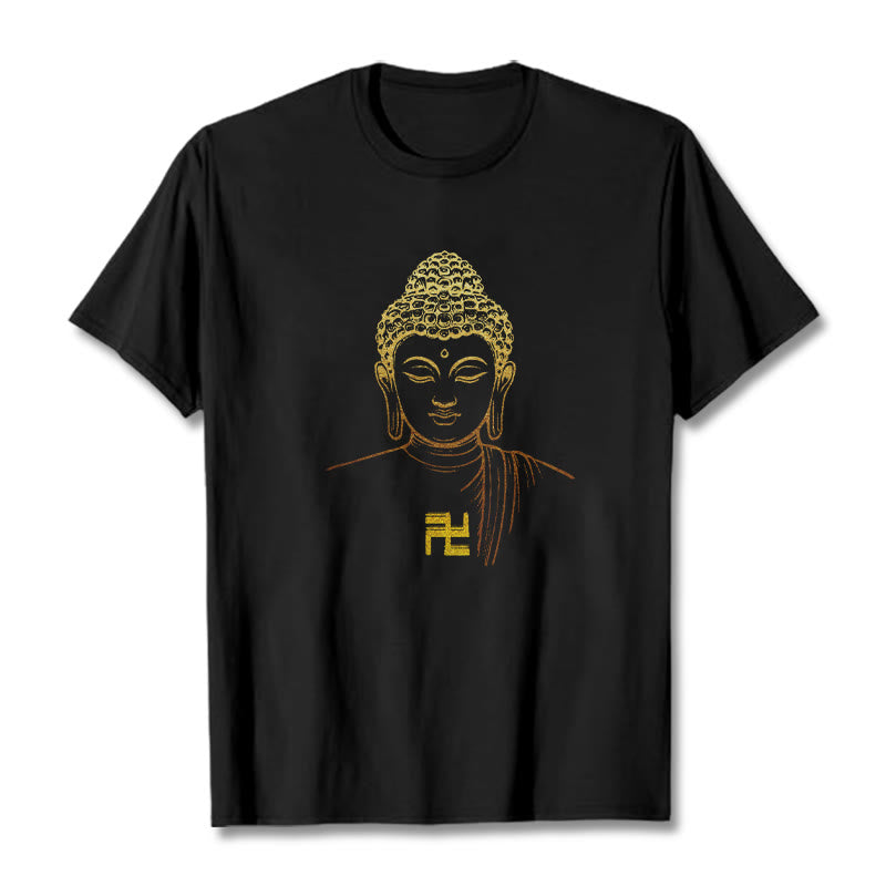 Buddha Stones Swastika Pattern Golden Buddha Cotton Tee T-shirt - Black - 2XL - image 5