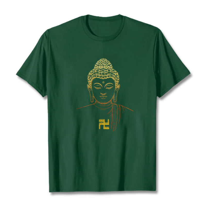 Buddha Stones Swastika Pattern Golden Buddha Cotton Tee T-shirt