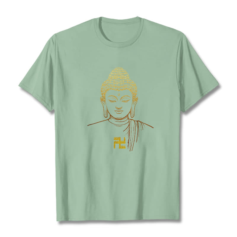 Buddha Stones Swastika Pattern Golden Buddha Cotton Tee T-shirt - PaleGreen - 2XL - image 13