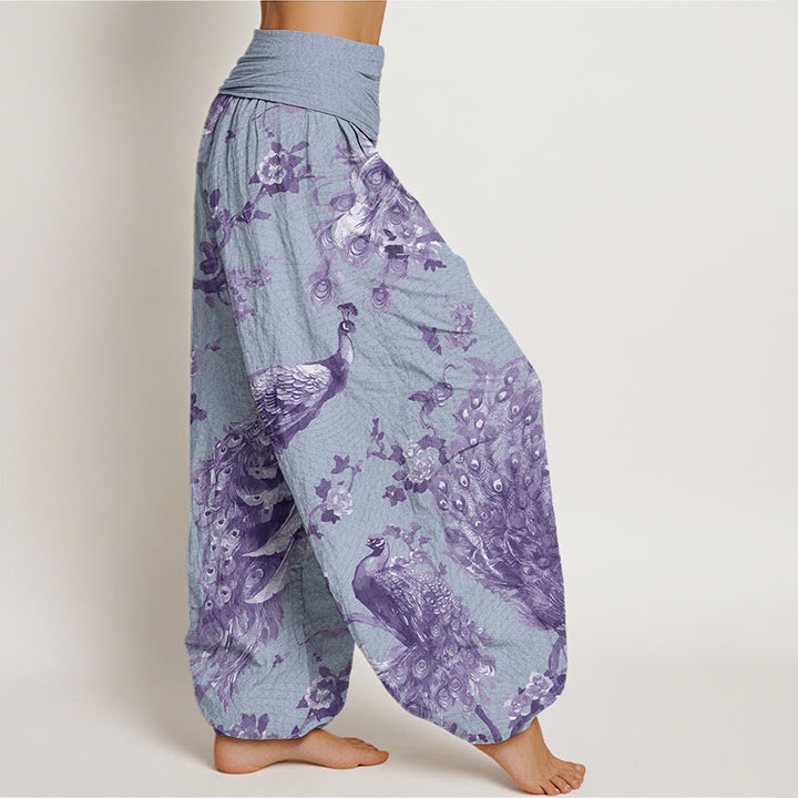 Buddha Stones Casual Peacock Perched On Branch Petals Women's Elastic Waist Harem Pants