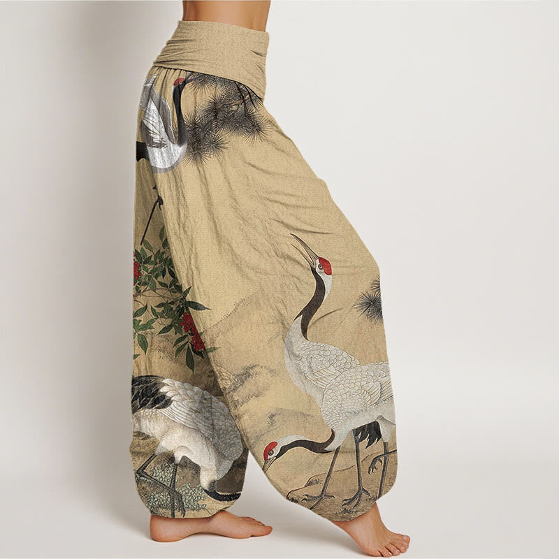 Buddha Stones Casual Red-crowned Crane Pine Tree Mountain Women's Elastic Waist Harem Pants