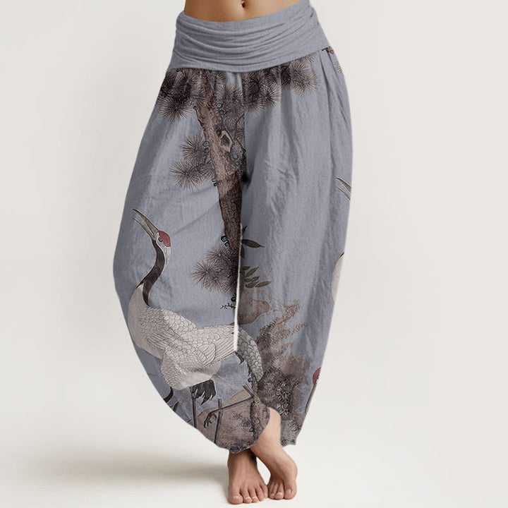 Buddha Stones Casual Red-crowned Crane Pine Tree Mountain Women's Elastic Waist Harem Pants