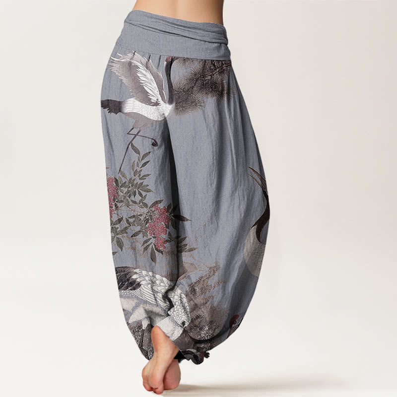 Buddha Stones Casual Red-crowned Crane Pine Tree Mountain Women's Elastic Waist Harem Pants