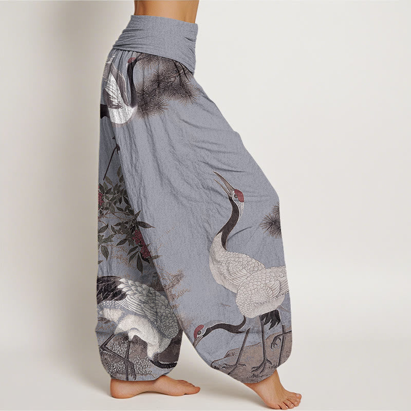 Buddha Stones Casual Red-crowned Crane Pine Tree Mountain Women's Elastic Waist Harem Pants