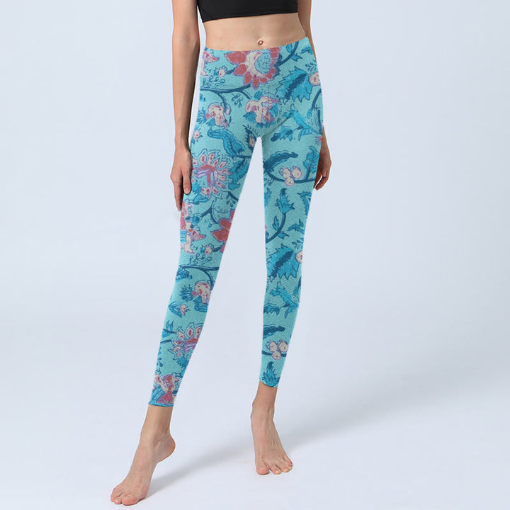 Buddha Stones Blue Red Flowers Leaves Print Gym Leggings Women's Yoga Pants - image 5