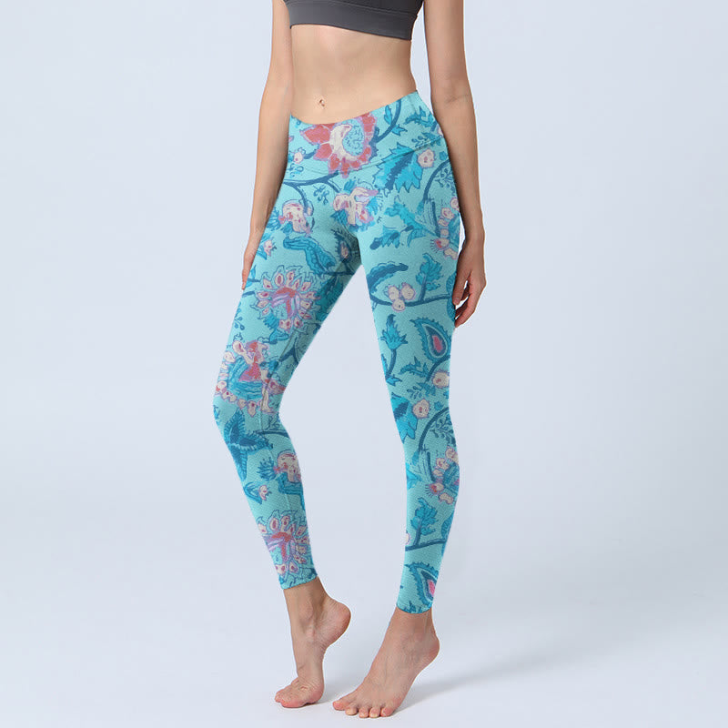 Buddha Stones Blue Red Flowers Leaves Print Gym Leggings Women's Yoga Pants - SkyBlue - US18，UK/AU22，EU50 (4XL) - image 0
