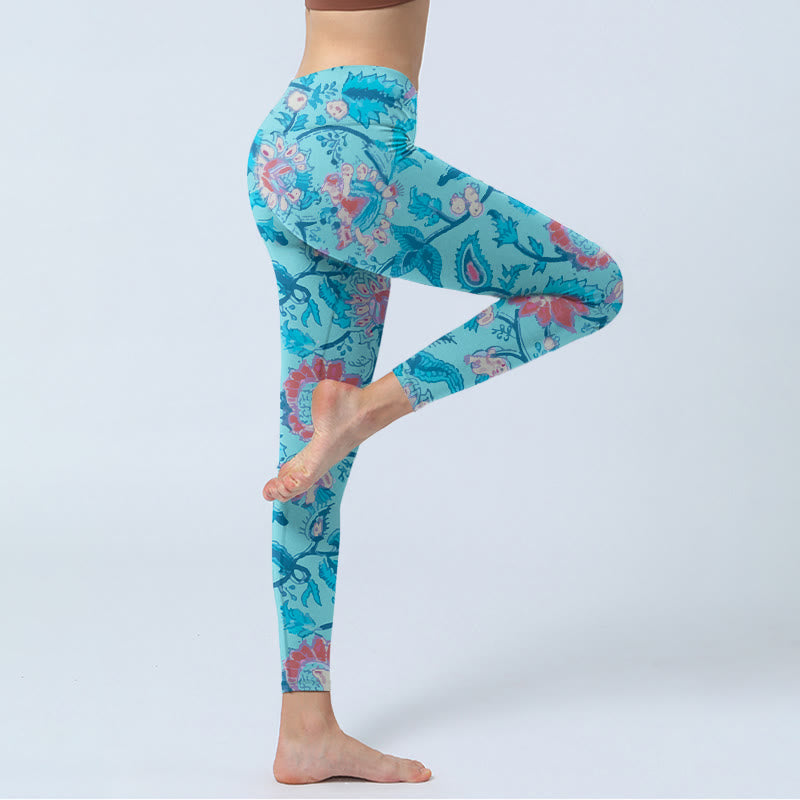 Buddha Stones Blue Red Flowers Leaves Print Gym Leggings Women's Yoga Pants