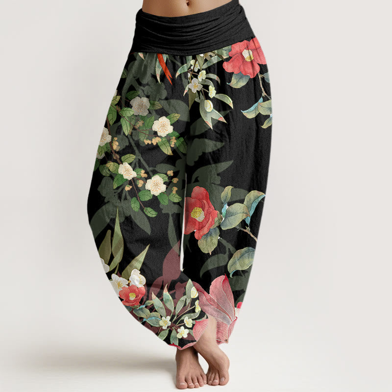 Buddha Stones Vibrant Blooming Lotus Flower Lush Branches Women's Elastic Waist Harem Pants