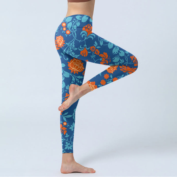 Buddha Stones Steel Blue Red Tulips Flowers Leaves Print Gym Leggings Women's Yoga Pants - image 3