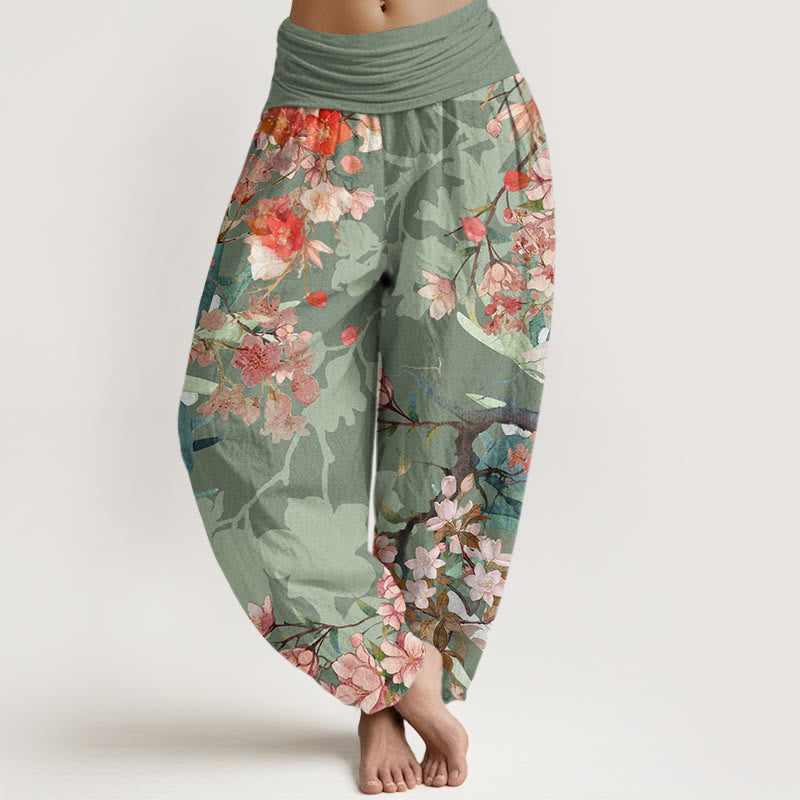 Buddha Stones Red Pink Blooming Flowers Lush Branches Women's Elastic Waist Harem Pants