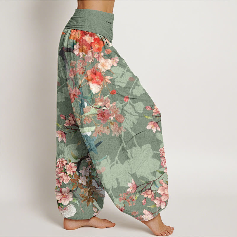 Buddha Stones Cotton Red Pink Blooming Flowers Lush Branches Women's Elastic Waist Harem Pants - image 1