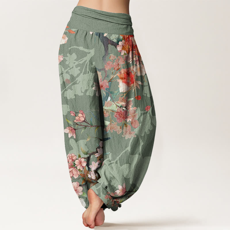 Buddha Stones Red Pink Blooming Flowers Lush Branches Women's Elastic Waist Harem Pants