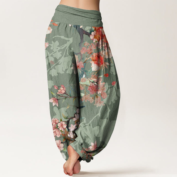 Buddha Stones Red Pink Blooming Flowers Lush Branches Women's Elastic Waist Harem Pants